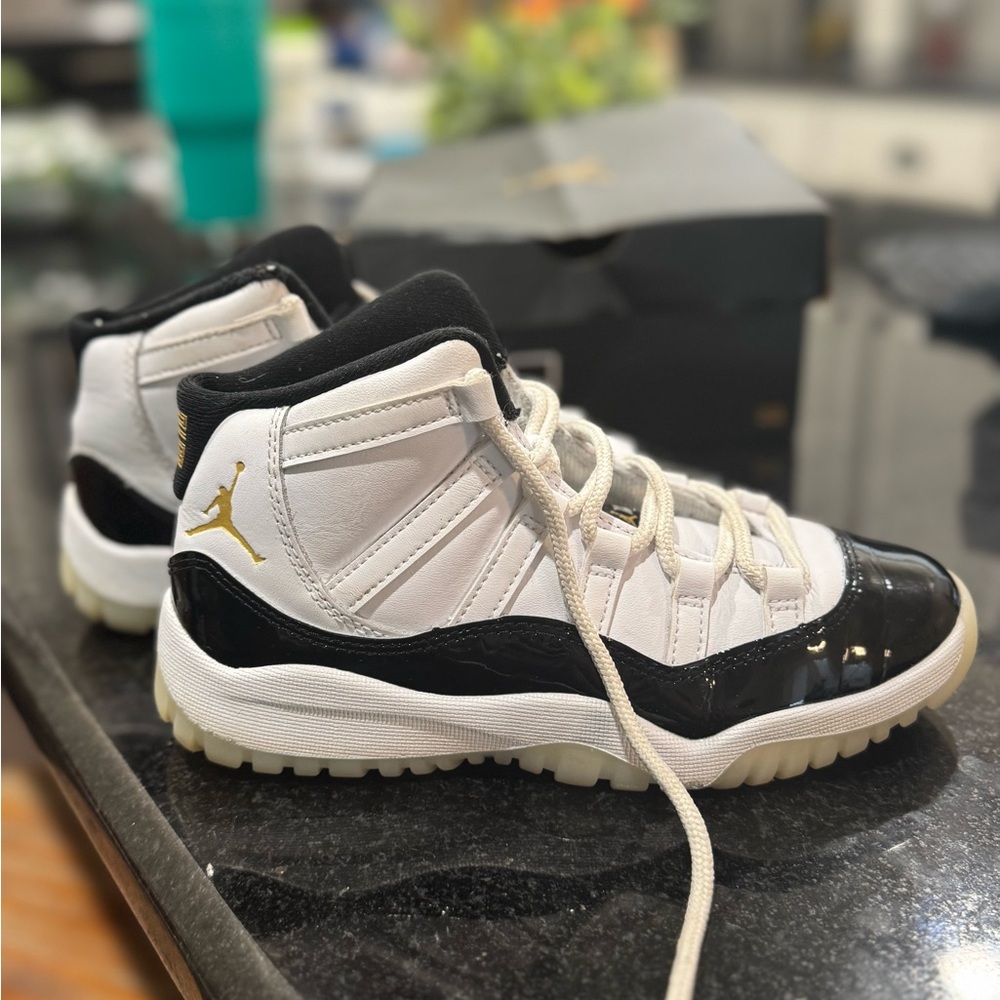 Jordan 11 Gratitude Kids' High Top Sneakers - White, Black, and Gold